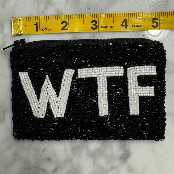 MOYNA “WTF” Black and White Beaded Zipper Pouch 5x3” - Picture 8 of 13